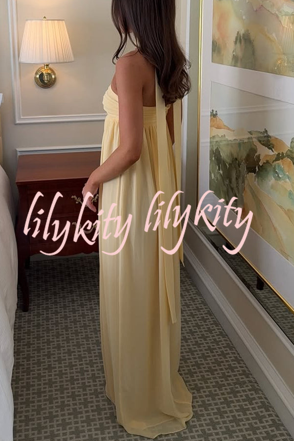 Butter Yellow Ruched Bust Off Shoulder Scarf A-line Maxi Dress