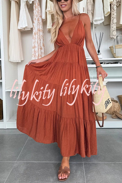 Bohemian Style V-neck Backless Slip Layered Vacation Maxi Dress
