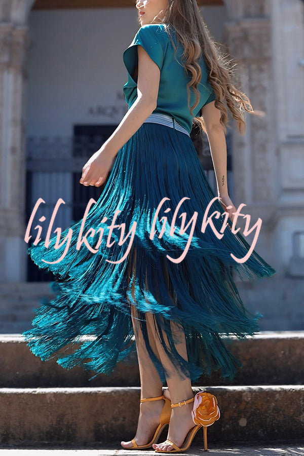 Elegant Tassel Hem Elastic Waist Casual Maxi Skirt
