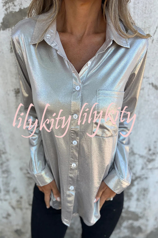 Holiday Look Solid Metallic Loose Pocket Button-down Blouse