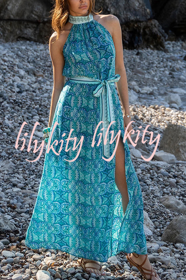 Unique Print Sexy Off-the-shoulder Waist Tie Slit Holiday Midi Dresses