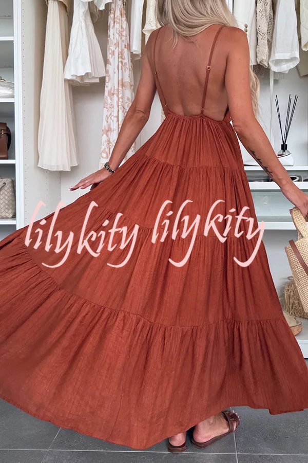 Bohemian Style V-neck Backless Slip Layered Vacation Maxi Dress