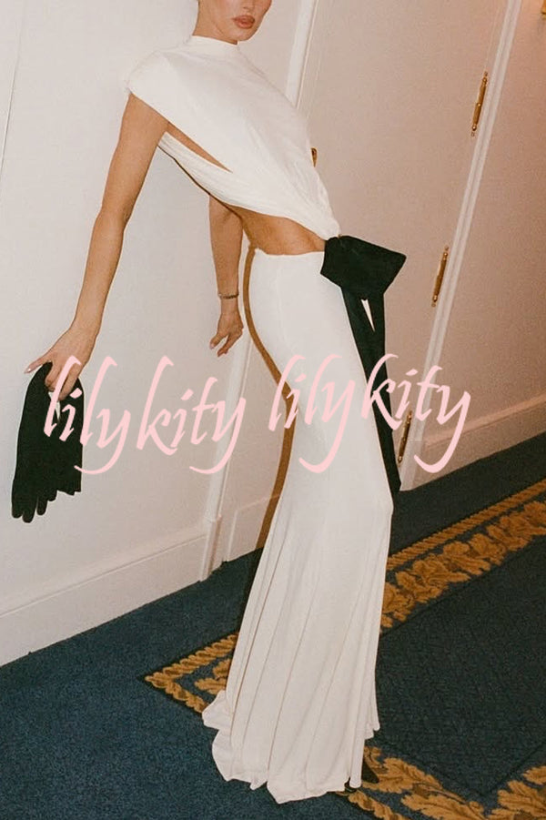 Sexy Open Back Bow Embellished Elegant Fishtail Maxi Dress
