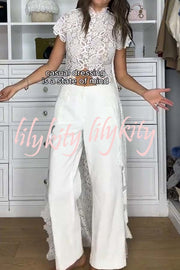 Elegant Personality Floral Lace Short Sleeve Front Slit Maxi Top