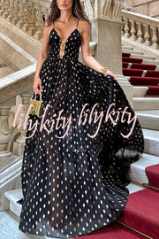 Charming View Chiffon Gold Polka Dot Print Cutout Lightweight Maxi Dress