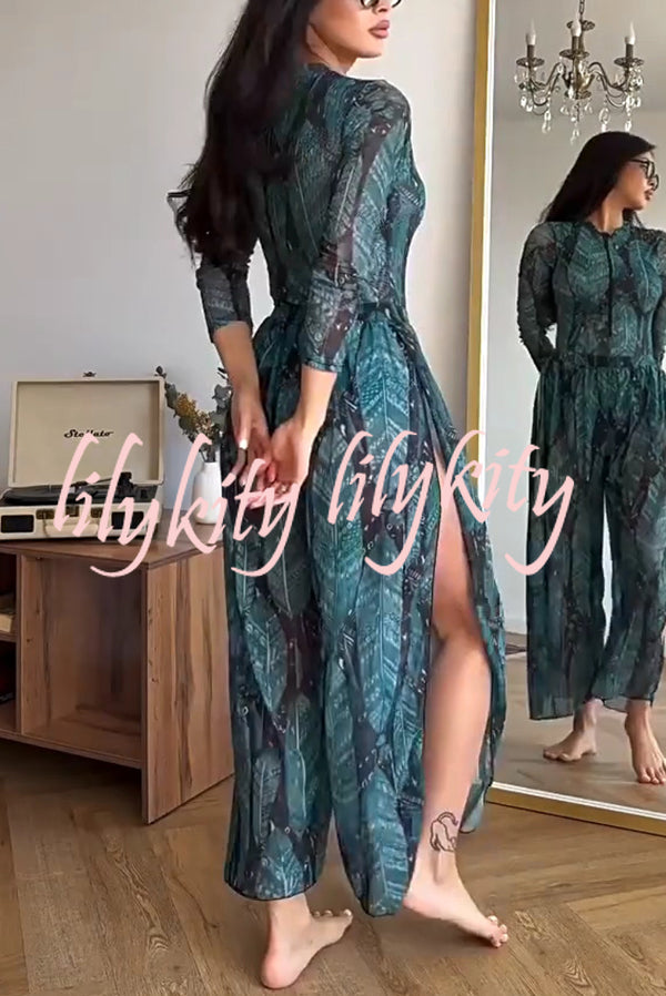 Unique Print One-piece Swimsuit and Cardigan and High Rise Pants Three-piece Set
