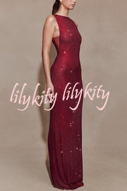 Holiday Nights Sequin Boat Neck Sleeveless Slit Maxi Dress