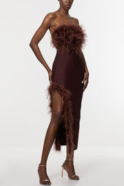 Retro and Glamorous Feather Trim Detail Bandeau Slit Stretch Midi Dress