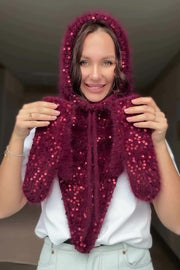 Sequined Drawstring Balaclava Warm Loop Scarf Hat and Gloves