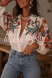 Botanical Print Loose Lapel Long Sleeve Casual Shirt