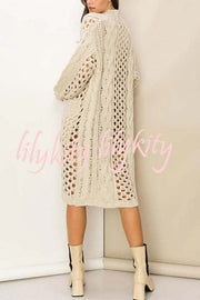 Jamila Knit Cable Cotout Long Sleeve Pocket Oversized Midi Cardigan