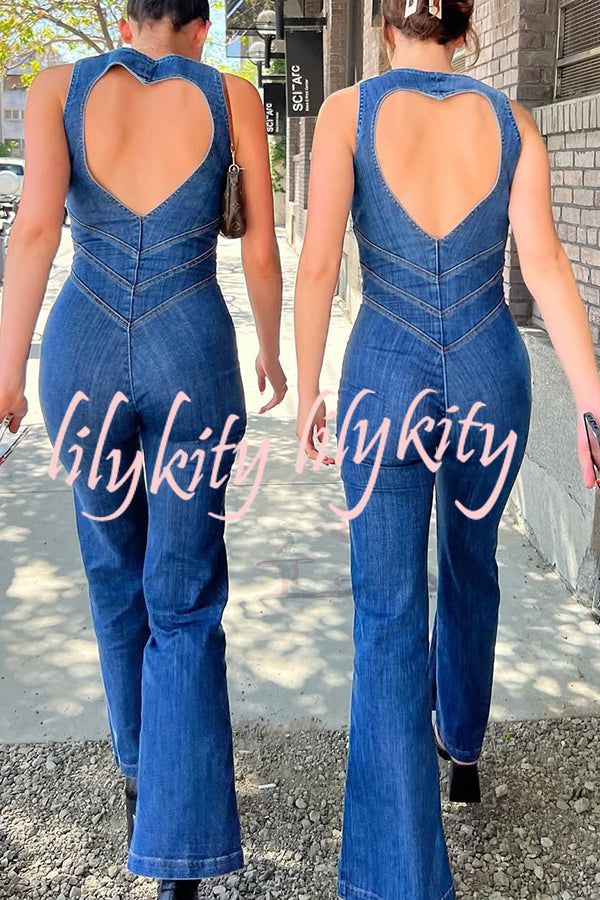 Fashionable Heart Hollow Back Slim High Waist Flared Denim Jumpsuit