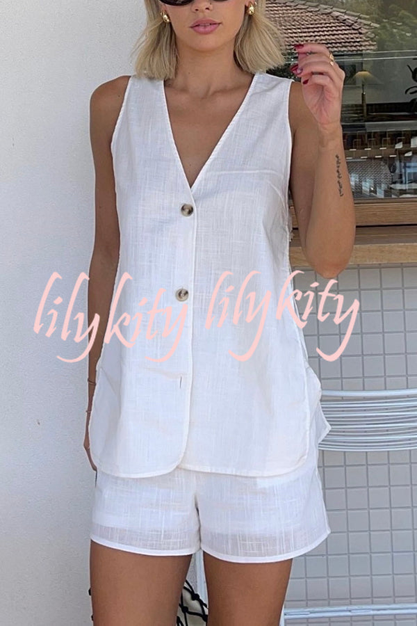 Edna Linen Blend Slit Button Down Loose Vest and Elastic Waist Pocket Shorts Set