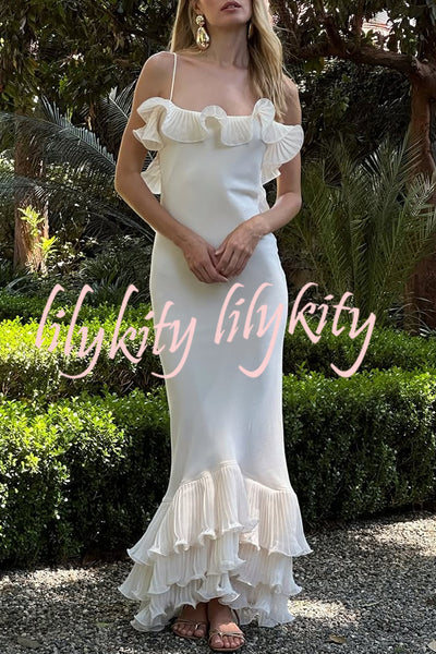 Alisin Pleated Chiffon Wavy Ruffles Trim Slip Maxi Dress