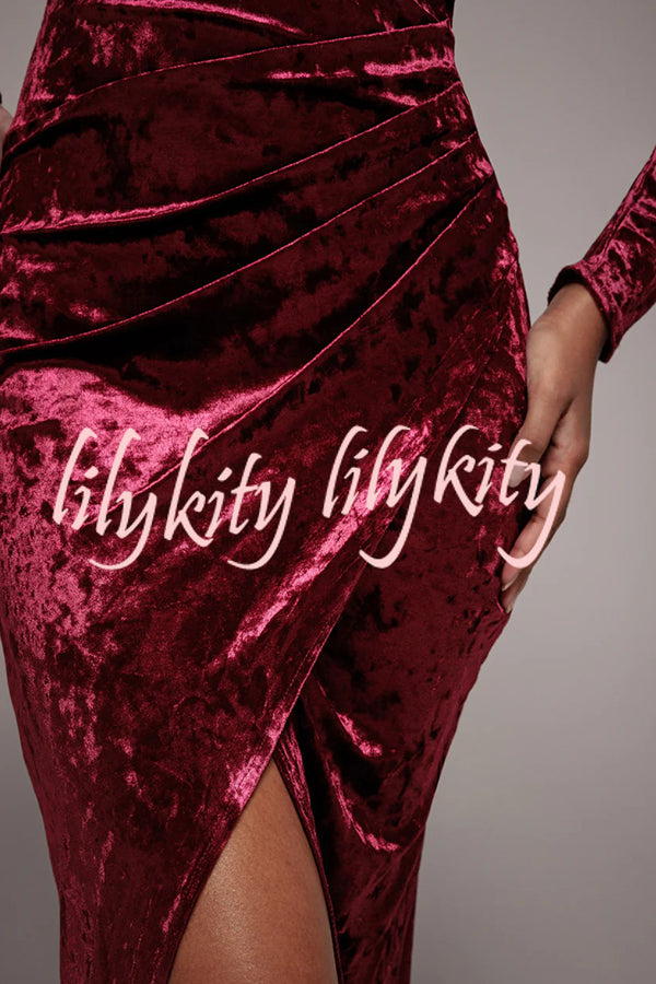 Solid Color Velvet Long-sleeved Slim-fit Slit Midi Dress