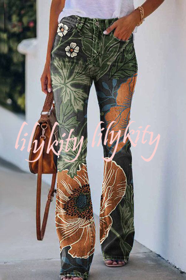 On A Drive Printed Faux Denim High Rise Flare Pants