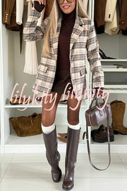 Classic Modern Plaid One Button Long Sleeve Flap Pocket Lapel Blazer