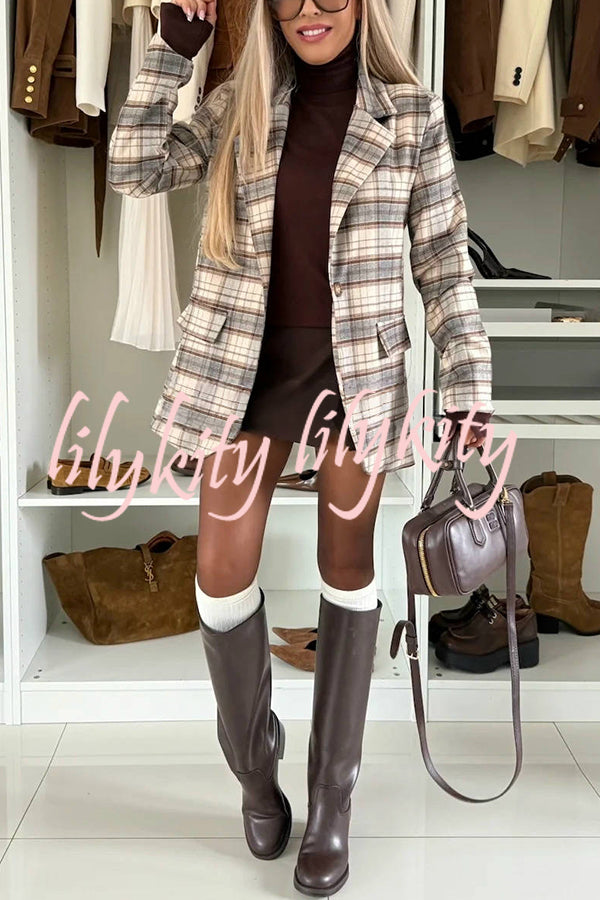 Classic Modern Plaid One Button Long Sleeve Flap Pocket Lapel Blazer