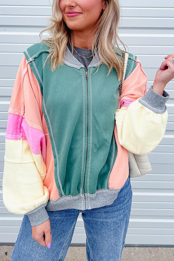 Fresh Color Matching Loose Casual Round Neck Jacket