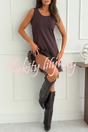 Breezy City Tulle Lace Tiered Hem Stretch Tank Mini Dress