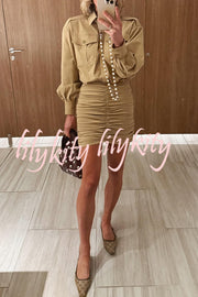 Soraya Epaulette Button Design Long Sleeve Ruched Hem Shirt Mini Dress