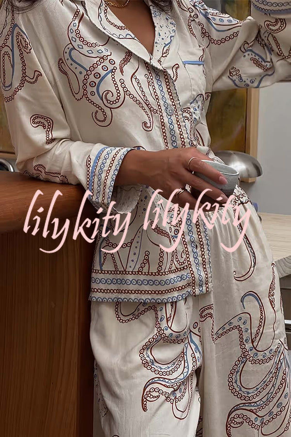 Calm Seas Line Octopus Unique Print Loose Shirt and Elastic Waist Pocketed Pajama Set