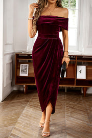 Solid Color Velvet Off-shoulder Slim-fit Elegant Slit Midi Dress