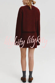 Fashion Lapel Bell Sleeve Knitted Cardigan and Casual Mini Skirt Set