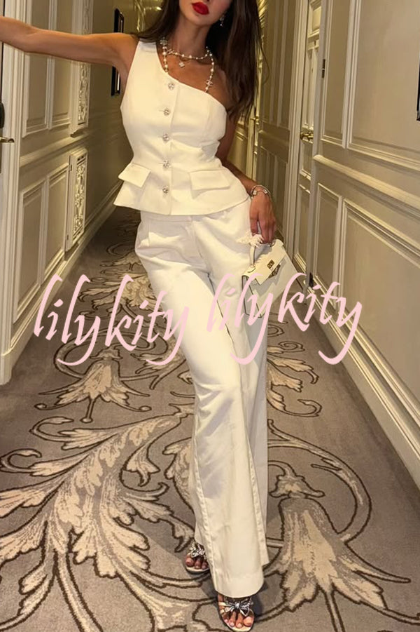 Fashion One-shoulder Slim-fit Button Vest and Casual Pocket Straight-leg Suit Pants Set