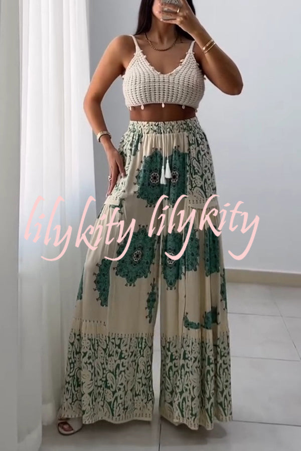 Unique Print Elastic High Waist Tie Pocket Holiday Style Wide Leg Pants