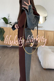 Sports Fashion Denim Patchwork Sweatshirt Fabric High Rise Pocket Loose Pants