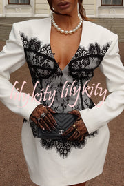 Saela Contrast Lace Corset Design V-neck Long Sleeve Tulip Mini Dress