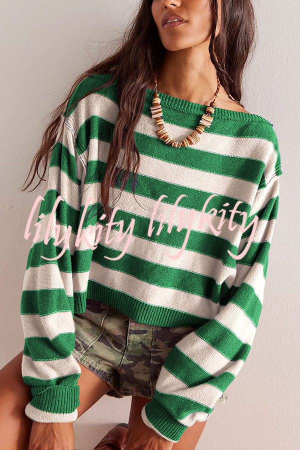 Striped Print Crew Neck Long Sleeve Loose Knitted Sweater