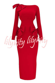 Lovely Bow Cutout Button Back Zipper Long Sleeve Maxi Dress