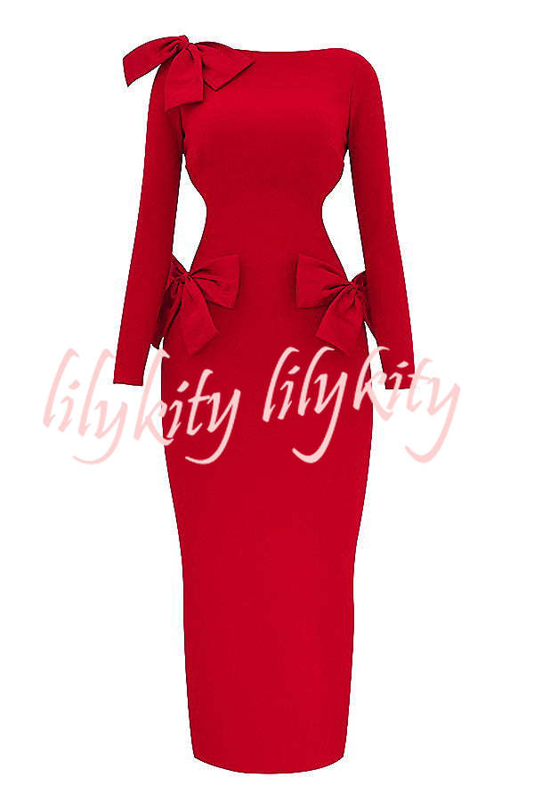 Lovely Bow Cutout Button Back Zipper Long Sleeve Maxi Dress