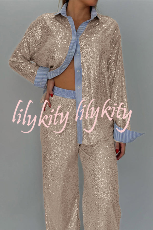 Fashion Sequined Loose Long-sleeved Shirt and Casual Elastic Waist Wide-leg Pants Set
