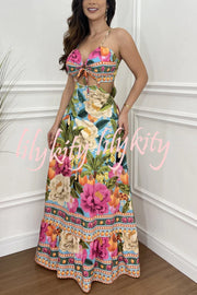 Mexico Style Tropical Print Ring Cutout Lace-up Vacation Maxi Dress