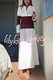 Fashionable Pleated Contrast Patchwork Waist Long Sleeve Button Shirt Maxi Dress