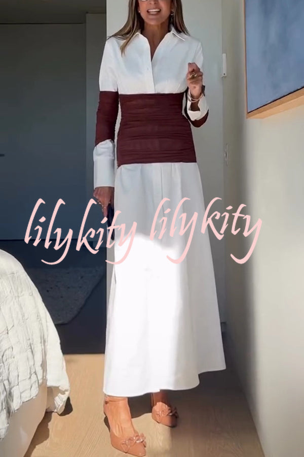 Fashionable Pleated Contrast Patchwork Waist Long Sleeve Button Shirt Maxi Dress