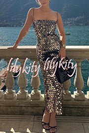 Glamour Glow Sequin Spaghetti Strap Birthday Party Midi Dress