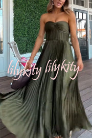 Love Note Satin Sweetheart Twist Off Shoulder Pleated Maxi Dress