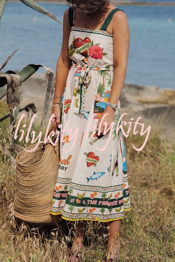 Summer Vibes Linen Blend Unique Print Smocked Belt Midi Dress