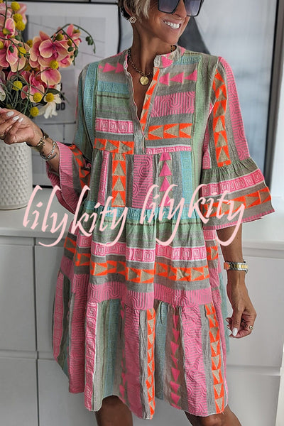Just My Type Linen Blend Colorful Ethnic Print Bell Sleeve Babydoll Mini Dress