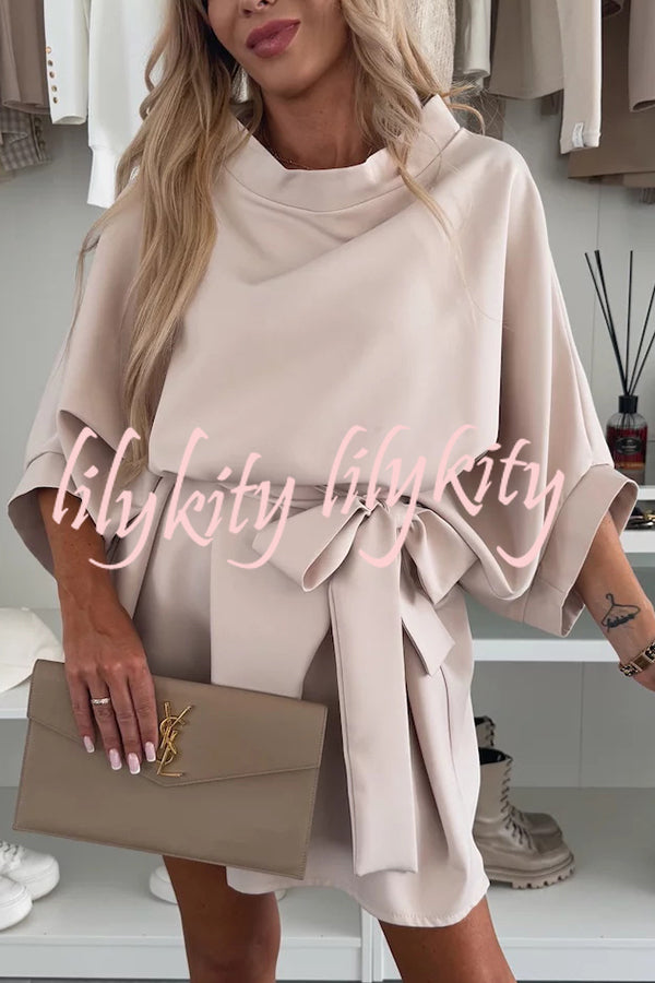 Solid Color Loose Round Neck Belted Mini Dress