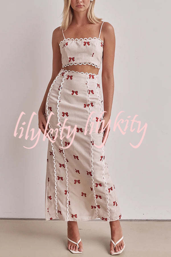 Rosa Linen Blend Bow Print Scallop Lace Trim Crop Tank and High Rise Slit Skirt Set