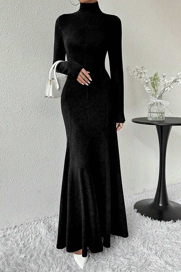 Solid Color High-neck Long-sleeved Slim-fit Fishtail Elegant Maxi Dress