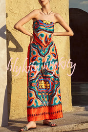 Ethnic Style Unique Print Tube Top and Elastic Waist Casual Pocket Wide Leg Pants Set