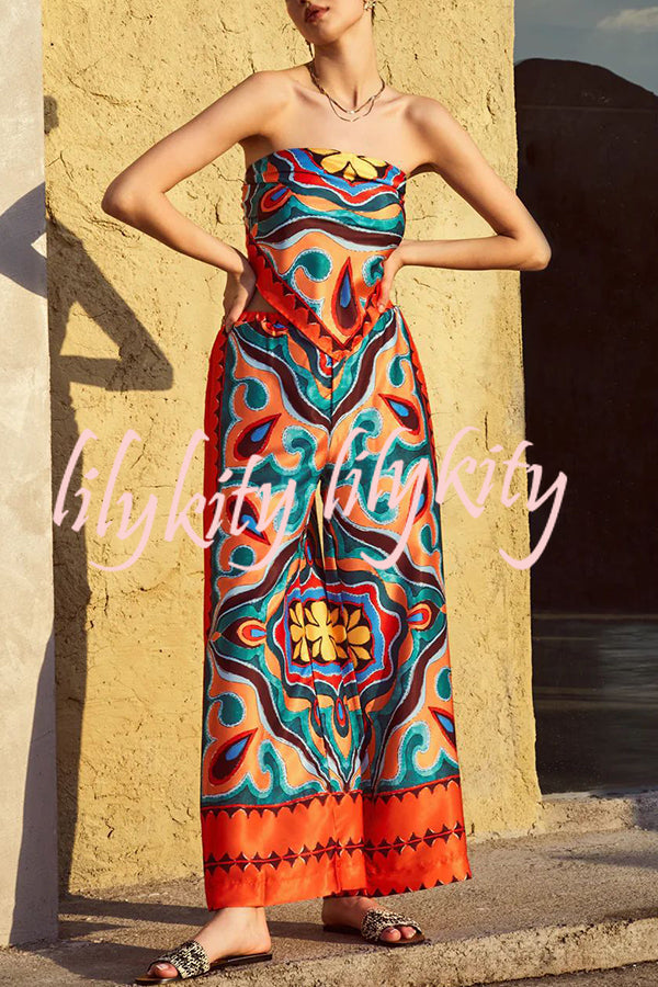 Ethnic Style Unique Print Tube Top and Elastic Waist Casual Pocket Wide Leg Pants Set