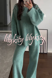 Solid Color Loose Long-sleeved Knit Top and Elastic Waist Casual Straight Leg Pants Set