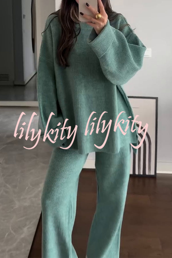 Solid Color Loose Long-sleeved Knit Top and Elastic Waist Casual Straight Leg Pants Set